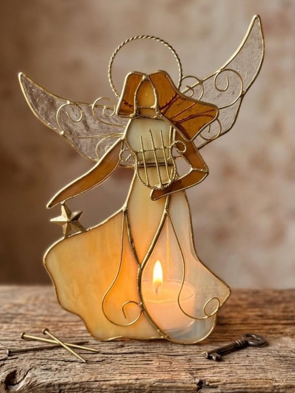 Stained Glass Angel Ornament in Amber and Cream. Use with Tealight candle